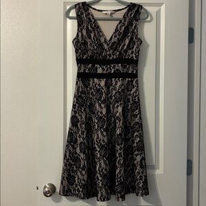 AA Studio Black Lace Overlay Tan Dress-Fit & Flare, V-Neck Cocktail Dress Size 6